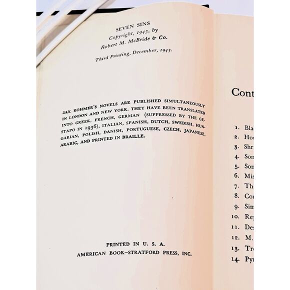 Seven Sins by Sax Rohmer (1943 HC no DJ) - Picture 3 of 9